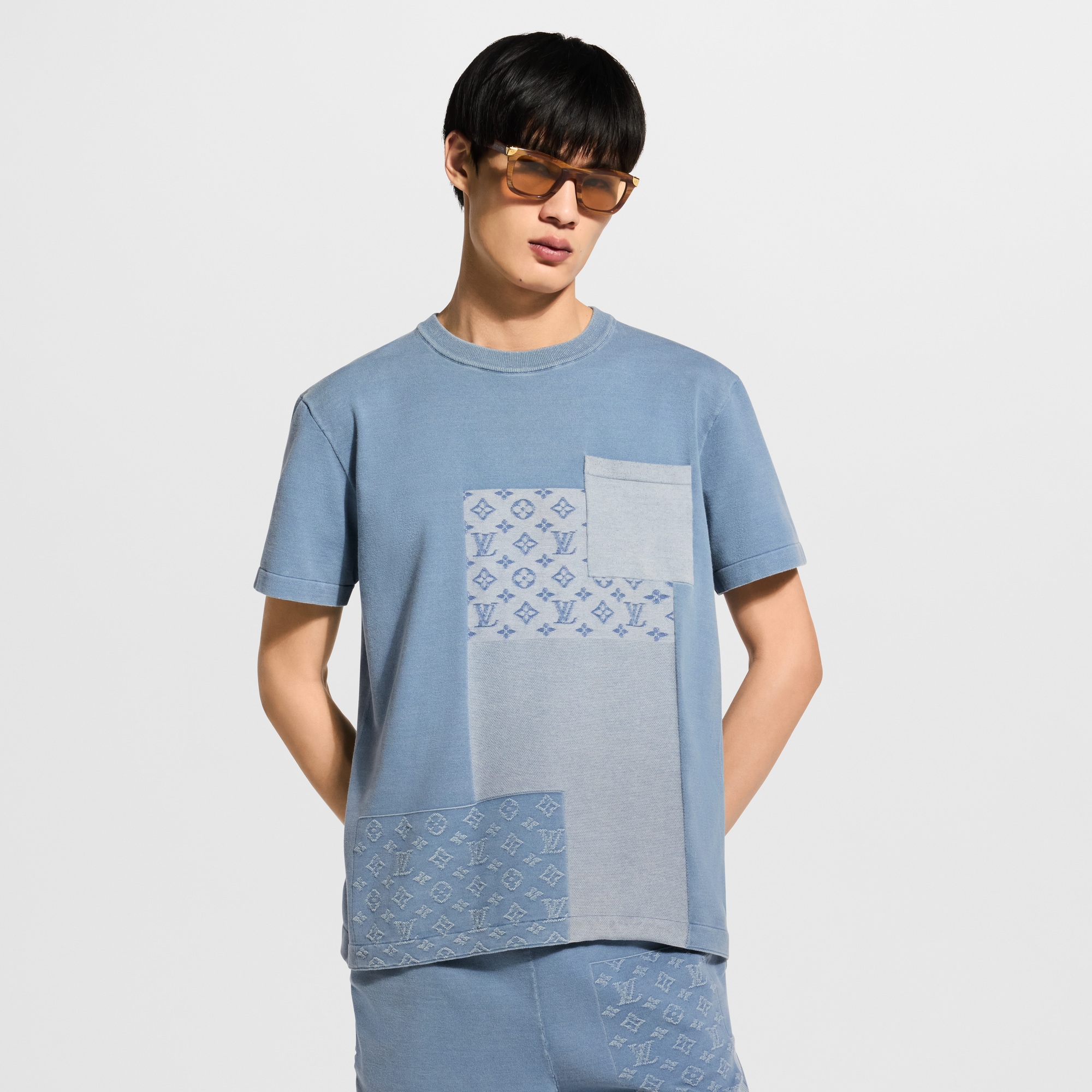 Knitted Patchwork Denim Short-Sleeved Crewneck - Men - New In Men